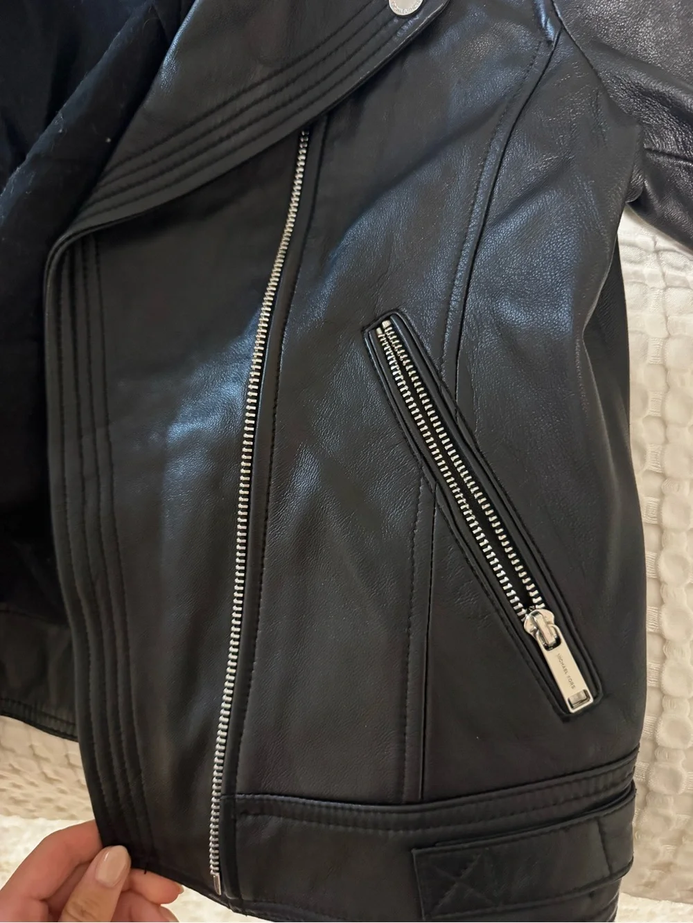 Michael Kors Black Leather Moto Jacket with Silver Hardware